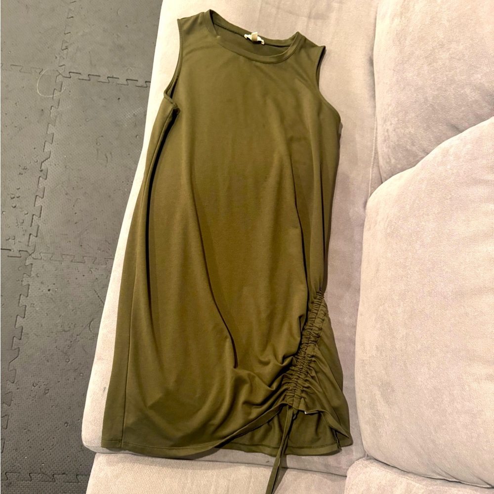 Olive Green Sleeveless Dress with Ruched Detail